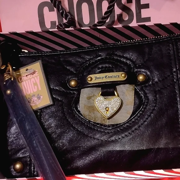 JUICY COUTURE Black Leather LG Pave Crystal Locket Wallet Wristlet NWT - Picture 3 of 10